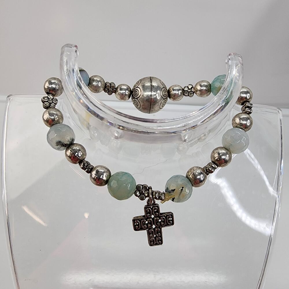 Silver Tone Charm Bangle Bracelet Cross Blue Beads 3" Round Boho Religious